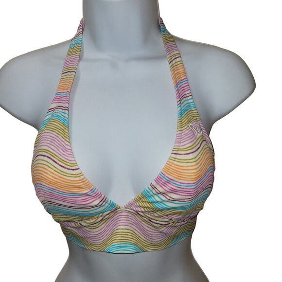 Roxy Women's Medium Rainbow Stripe Halter Bikini Top Triangle Cups Back Logo - Picture 2 of 10